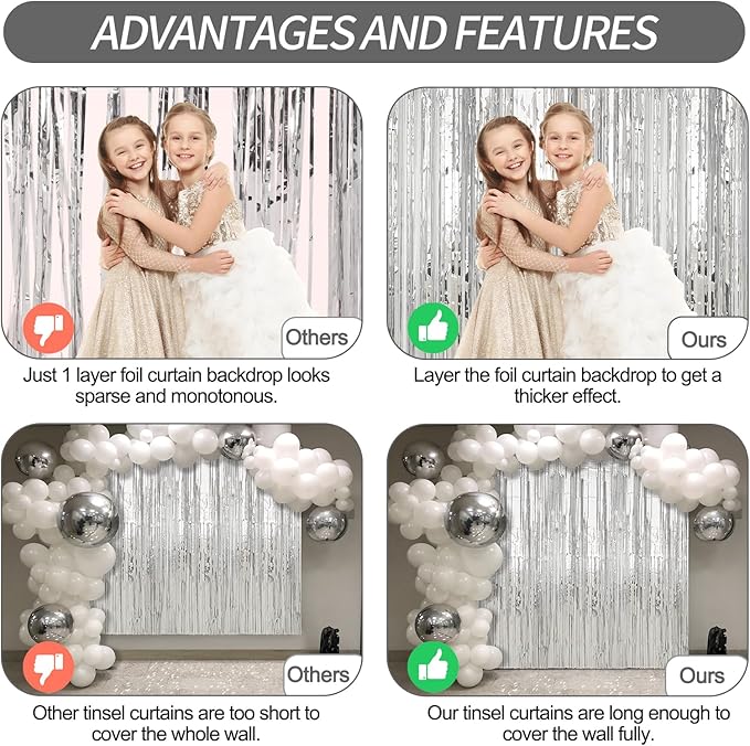 4 Pack Silver Foil Fringe Curtains Door Streamers Party Decorations 3.3 x 8.2 ft, Tinsel Curtain Fringe Backdrop for Parties, Door Fringe Birthday Streamers, Photo Booth Backdrops, Party Decor