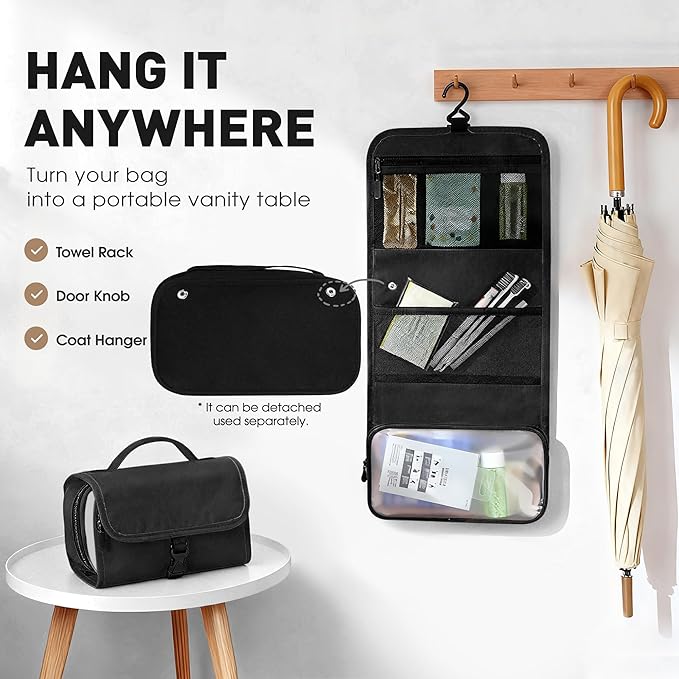 Toncoke Travel Toiletry Bag Set, Hanging Toiletry Bag Premium Faux Leather, Toiletry Bag for Women & Men, Travel Essentials Makeup Bag Water-resistant, Black