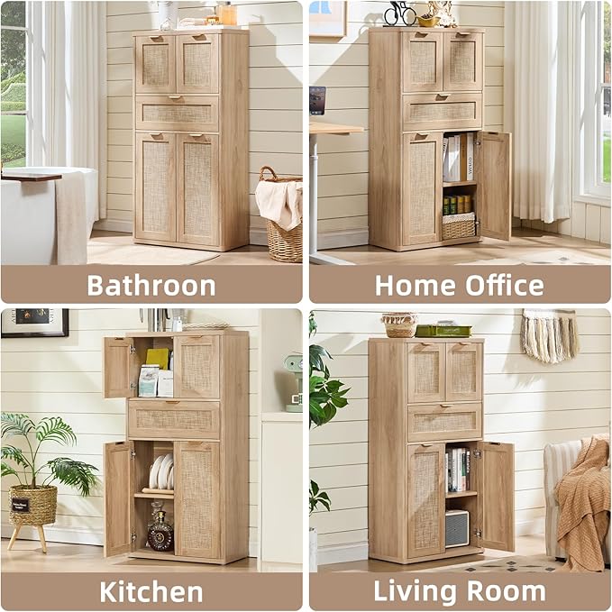 LEYAOYAO 48" Tall Storage Cabinet,Rattan Bathroom Floor Cabinets with 4 Doors & 1Drawer,Boho Kitchen Pantry with Adjustable Shelves,Wooden Cupboard for Living Room,Home Office,Dining,Natural Wood