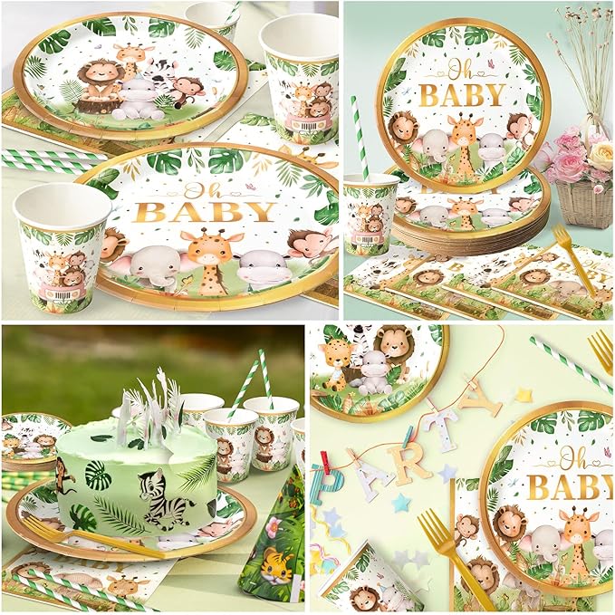 144 Pcs Safari Baby Shower Plates and Napkins (Serves 24 Guests), Plates Napkins Cups Straws and Forks Sets, Party Supplies, Jungle Safari Baby Shower Decorations