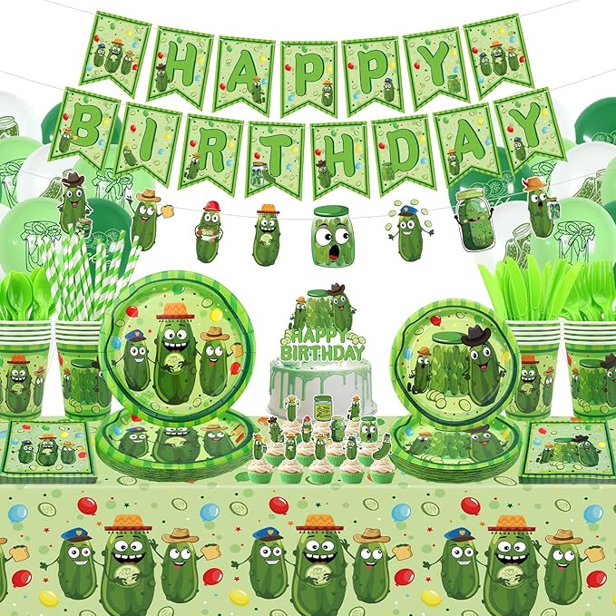 Pickle Birthday Decorations - Pickle Party Tableware, Plates Cups Napkins Pickle Party Tablecloth Happy Birthday Banner Balloons Cake Toppers for Pickle Birthday Supplie