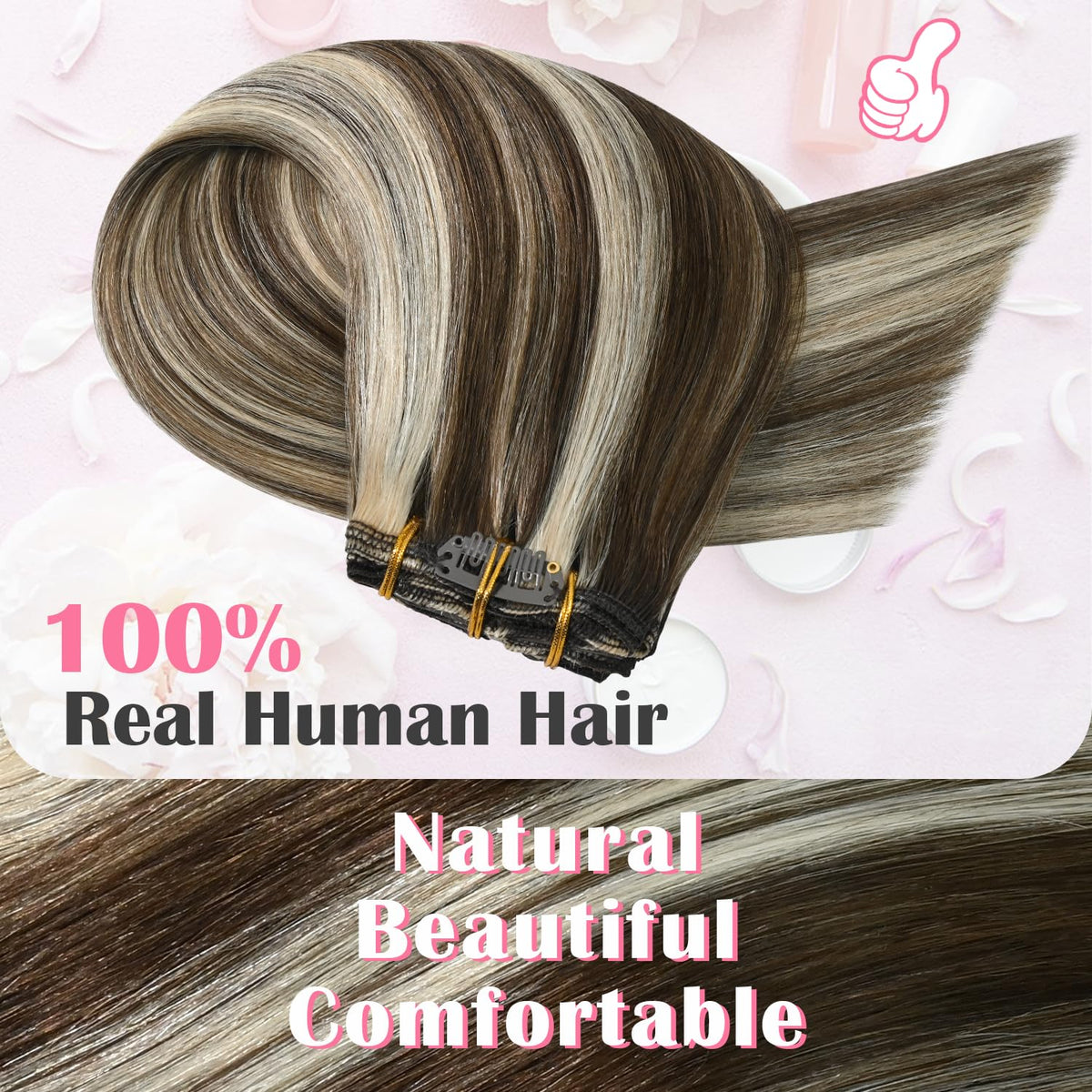 Aison Clip In Extensions Real Human Hair Balayage 75G Medium Brown to Blonde 100% Remy Human Hair Straight for Women 7pcs 16clips (15 Inch #4P613)
