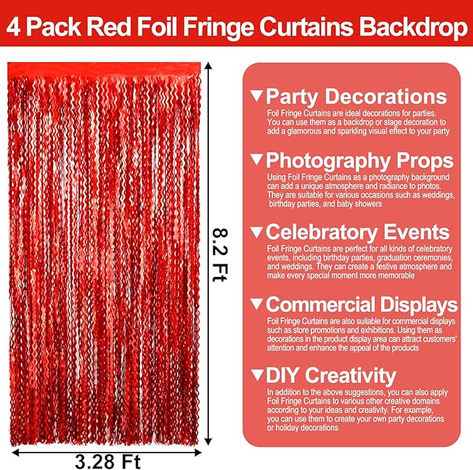 4 Pack Red Wave Foil Fringe Curtain Backdrop, 3.28Ft x 8.2Ft Metallic Tinsel Foil Fringe Streamer Curtains for Photo Booth, Mother's Day, Easter, Birthday, Wedding Party Decoration