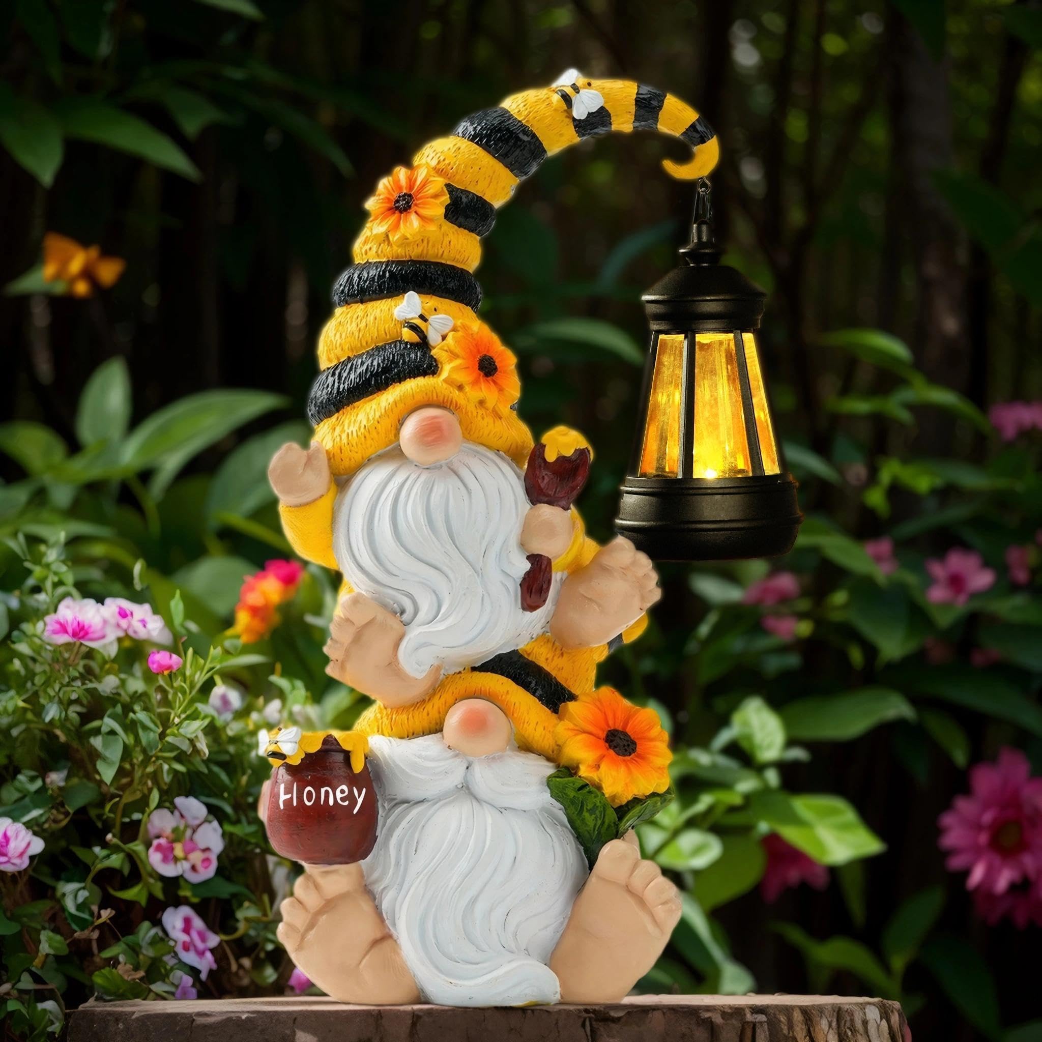 QZZP Solar Bee Garden Gnomes with LED Lantern, 12.2-Inch Outdoor Statue