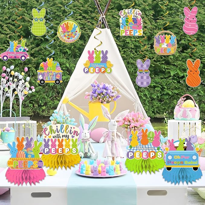 57pcs Easter Party Decorations Banner Set Include Happy Easter Banner Chillin with My Peeps Hanging Swirls Bunny Pattern Hanging Banner 3D Honeycomb Table Centerpieces for Party