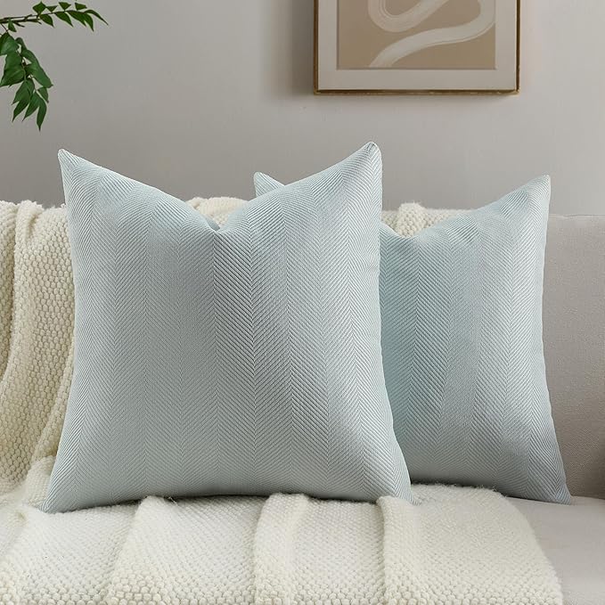 FUTEI Light Blue Chenille Throw Pillow Covers 24x24 Inch Set of 2,Soft Wide Chevron Textured European Pillow Shams,Farmhouse Home Decor for Couch Bed Living Room