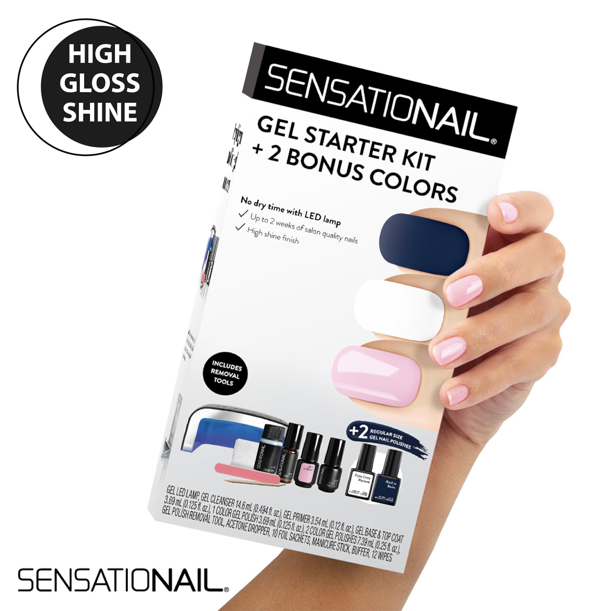 Sensationail Complete Gel Nail Polish Starter Kit - Long-Lasting Salon Grade Manicure Kit with UV Lamp - Includes Primer, Base & Top Coat, Cleanser, & More - Includes White, Black, & Pink Gel Polish