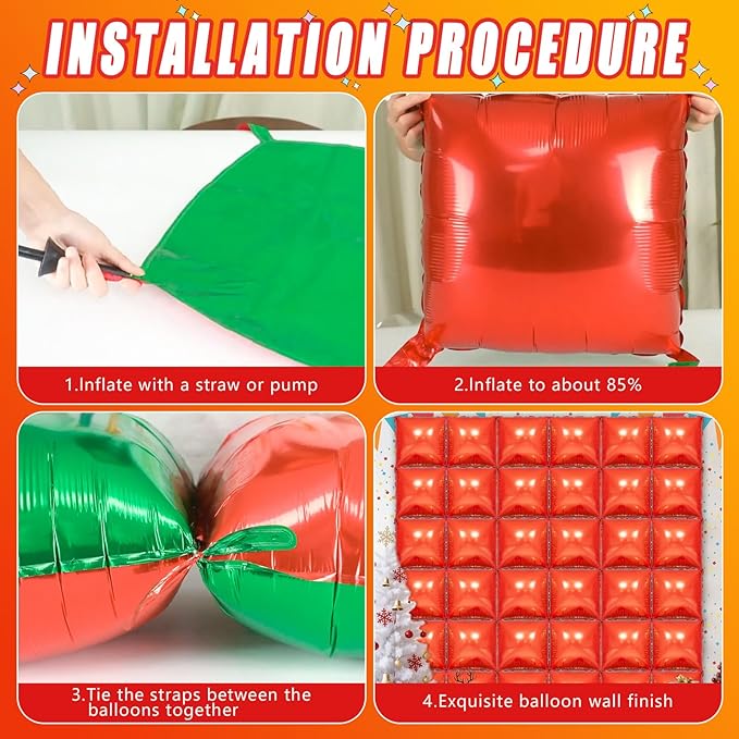 36 Piece XL Red Square Balloon Wall Screen Double Sided Square Balloon Screen Tunnel Arch Kit Mylar Square Balloons For Baby Shower Graduation Prom Birthday Party Decorations