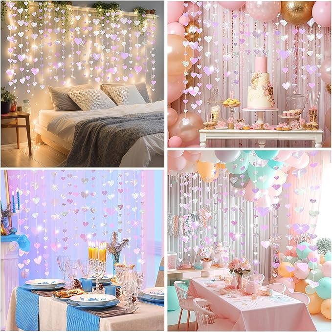 10 Pack 130ft Pink Holographic Heart Party Garland Asymmetrical Love Hanging Banners for Mothers Day Baby Shower Engagement Wedding Bridal Shower Decoration