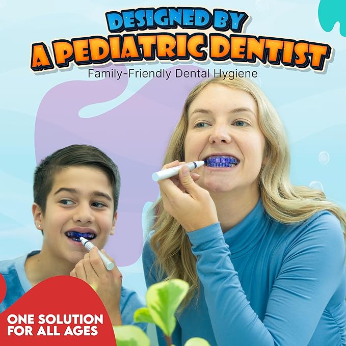 PLQUE Disclosing Gel Pen (90 Uses) - Tooth Plaque Detector for Better Brushing, Purple Stain Formula Reveals Invisible Cavity Causing Plaque, Kids and Adults Oral Care Tool, Pediatric Dentist Design