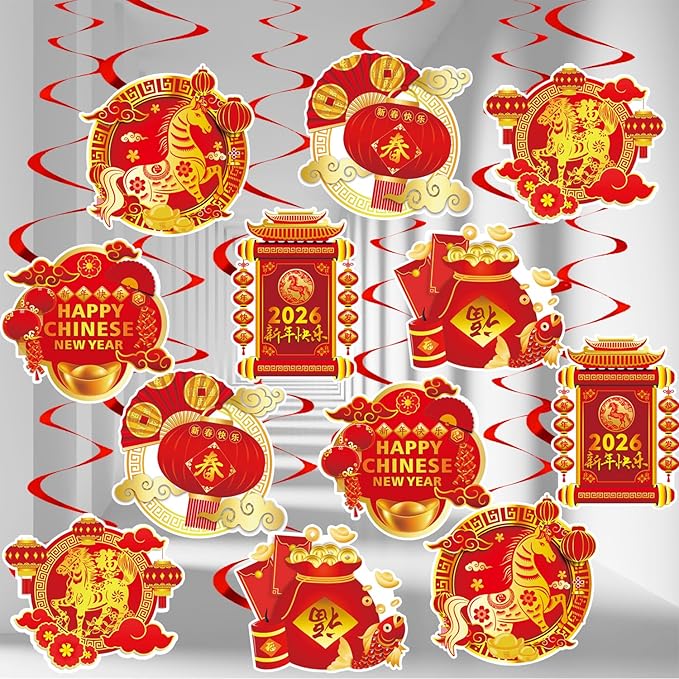 KYMY 2026 Chinese New Year Hanging Swirls Decorations Kit, 24pcs Spring Festival Lunar New Year Streamers & Cutouts for Zodiac Horse Oriental Asian New Year Home Office Party Supplies