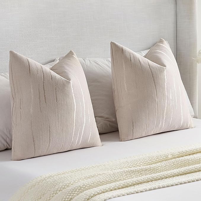 FUTEI Beige Chenille Decorative Throw Pillow Covers 24x24 Inch Set of 2,Soft Embossed Striped Textured European Cushion Case,Modern Home Decor for Couch Bed Living Room