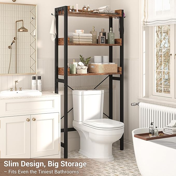 Over The Toilet Storage Rack - 3 Tier Bathroom Organizer with Shelves, Freestanding Space Saver Storage Rack Above Toilet Stand with 4 Hooks for Restroom, Laundry, Rustic Brown