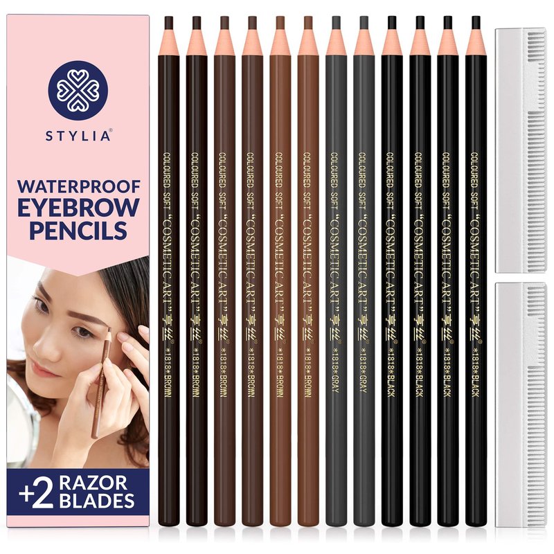 Stylia Waterproof Eyebrow Pencils For Women – Long-Lasting Microblading Supplies Brow Pencil, Perfect for Eyebrow Shaper, Filling & Defining Natural-Looking Brow - (12PC in 5 Colors)