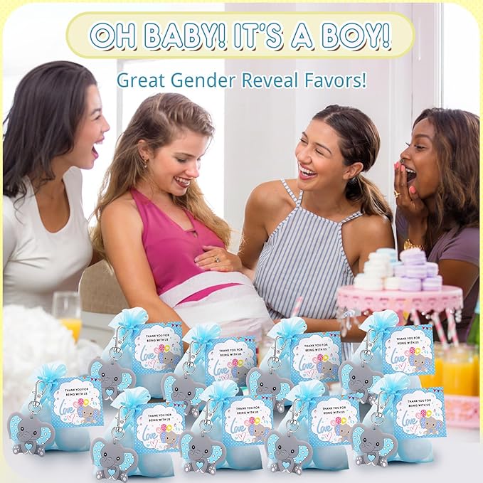 HozHoy 40 Sets Baby Shower Favors for Boys, Guests Gifts Including Elephant Keychains Decorations, Drawstring Bags, Thank You Cards