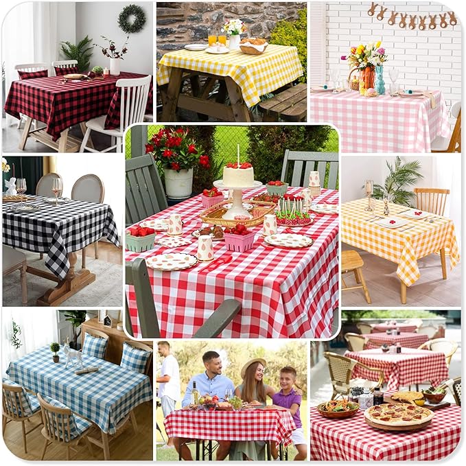 Mulbozy Orange Gingham Tablecloth 2 Pack, 54 x 108 Inch Plastic Table Cloth Disposable, Orange and White Checkered Table Cover for Party Supplies