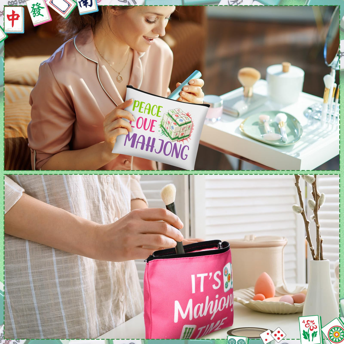 SilTriangle 16 Pcs Mahjong Cosmetic Bag Gifts for Women Mahjong Makeup Bag Mah Jong Zippered Pouch for Lover Player Mothers Birthday Party Lucky Mah Jong Gift Coquette Accessories (Styles 2)