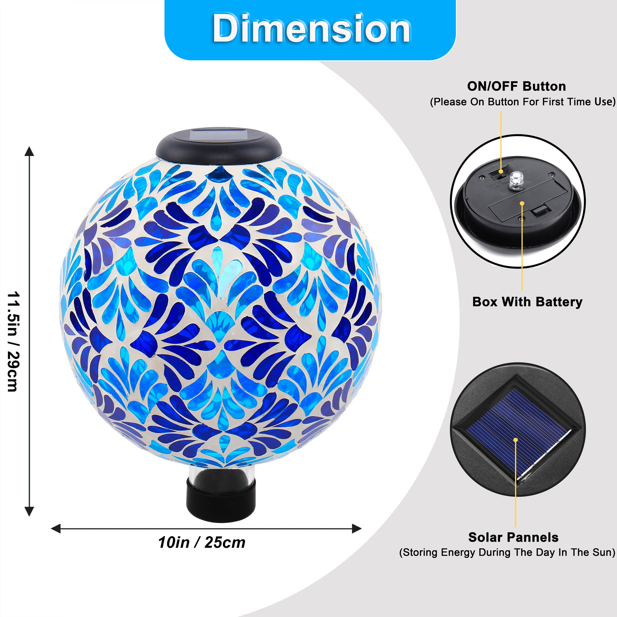 SAVENNA Mosaic Solar Gazing Ball 10 Inch, Glass Garden Globe with Auto On/Off for Yard, Lawn & Outdoor Decor, Blue Mosaic