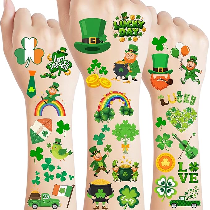 160PCS St Patricks Temporary Tattoos Stickers | St Patricks Party Favors Decorations Irish Holiday Green Clover Rainbow Shamrock Party Supplies Craft Gift Idea For Kids Boy Girl Teen Adult-8sheets
