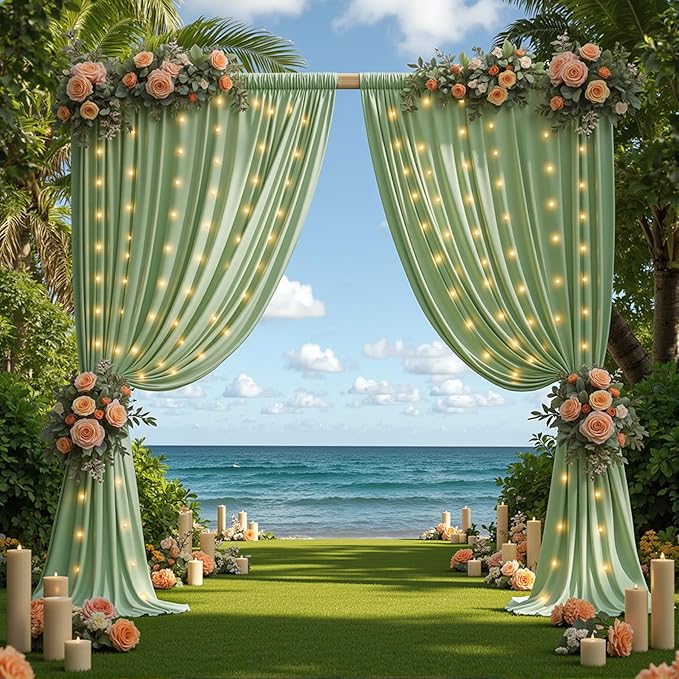 10 x 10ft Sage Green Backdrop Curtains with Lights String Green Polyester Photo Drapes Wrinkle Free Curtains Backdrop for Birthday Parties Wedding Reception Baby Shower Ceremony-5 x 10ft x 2P