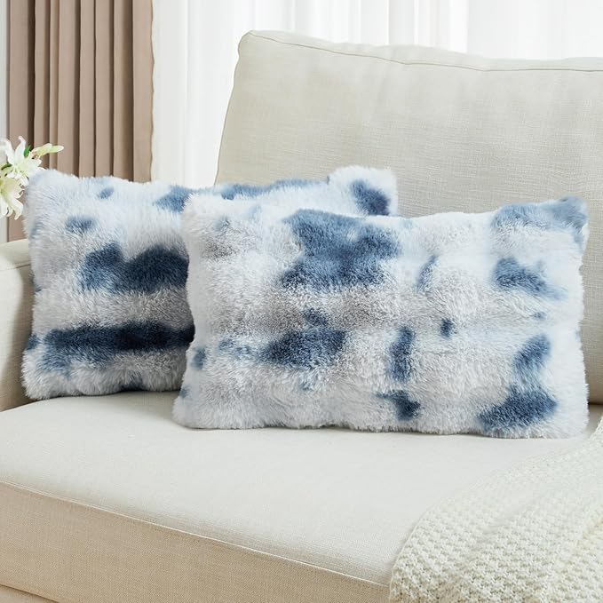 FUTEI Blue White Decorative Throw Pillow Covers 12x20 Inch Set of 2,Soft Fuzzy Faux Rabbit Fur Pillow Case with Raised Texture,Neutral Boho Home Decor for Couch Bed Living Room