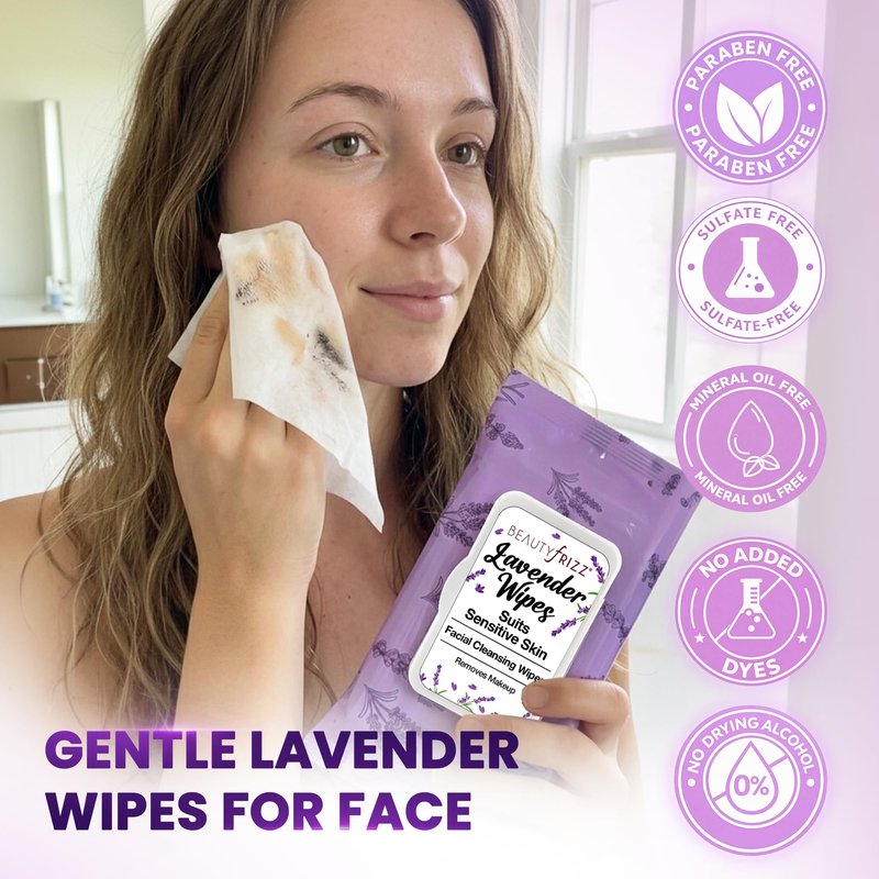 BeautyFrizz Lavender Face Wipes - Gentle No Rinse Makeup Remover and Facial Cleansing Wipes - Contains Aloe, Castor, Vitamin A and E - Suits Sensitive Skin - Moisturizing - Extra Soft (240 pcs)