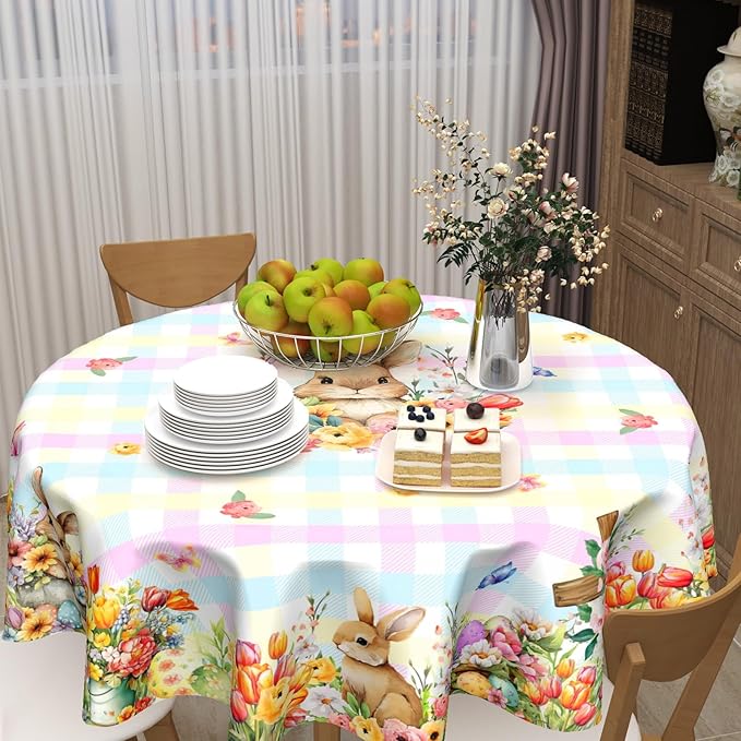 Easter Rabbit Round Tablecloth Pink Blue Pliad Circle Table Cloth 60 Inch Farmhouse Floral Table Cover Washable Polyester Indoor Decorations for Home Kitchen Dinning Party