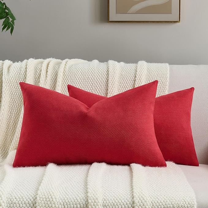 FUTEI Christmas Red Chenille Throw Pillow Covers 12x20 Inch Set of 2,Soft Wide Chevron Textured Lumbar Pillow Cases,Farmhouse Home Decor for Couch Bed Living Room