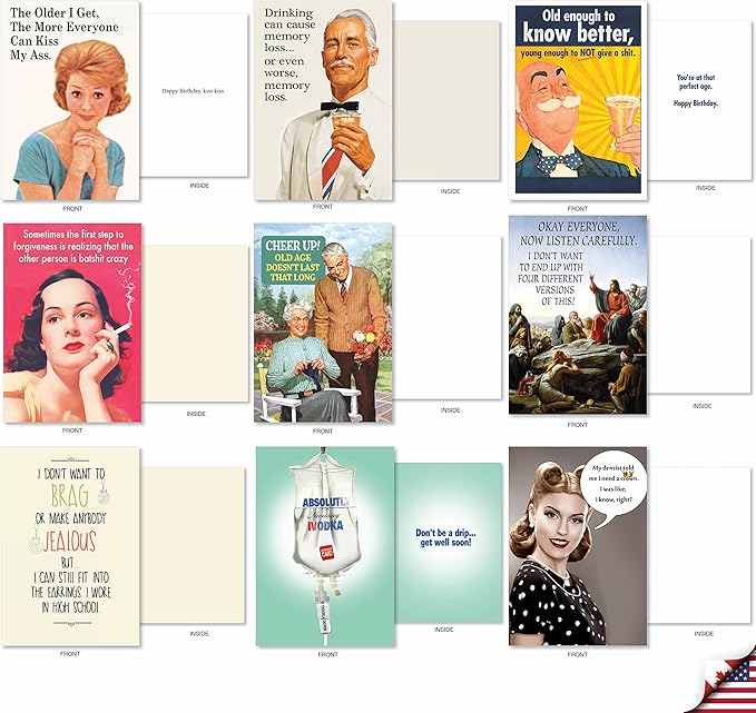 NobleWorks - 36 Assorted Funny Mixed Occasions Blank Greeting Cards Box Set w/Envelopes, Humor B-Day, Get Well for Men, Women (36 Designs, 1 Each) - Big Laughs Collection AC6669XXG-B1x36