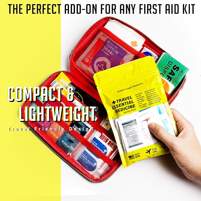 EVERLIT CARE Travel Essential Medicine First Aid Kit I Bonus Medical Supplies I TSA Compliant Mini Size Medkit for Traveling Camping Trips Individually Packed 64 Tablets (Refill Pack)