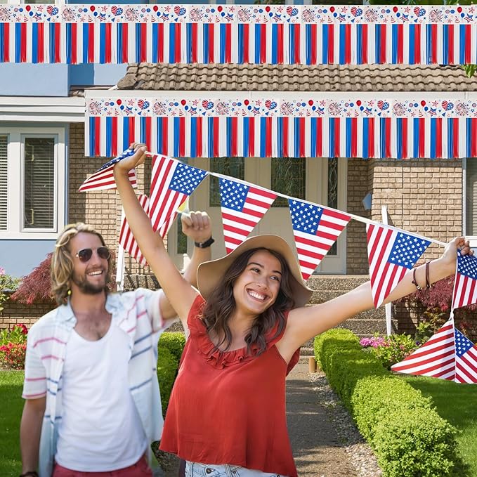 4th of July Decoration 4 Packs 10 Feet Long Foil Fringe Star Garland Memorial Day USA Red White Blue Independence Day Tinsel Metallic Streamers Patriotic Banner Car Parade Floats Garden Trailer
