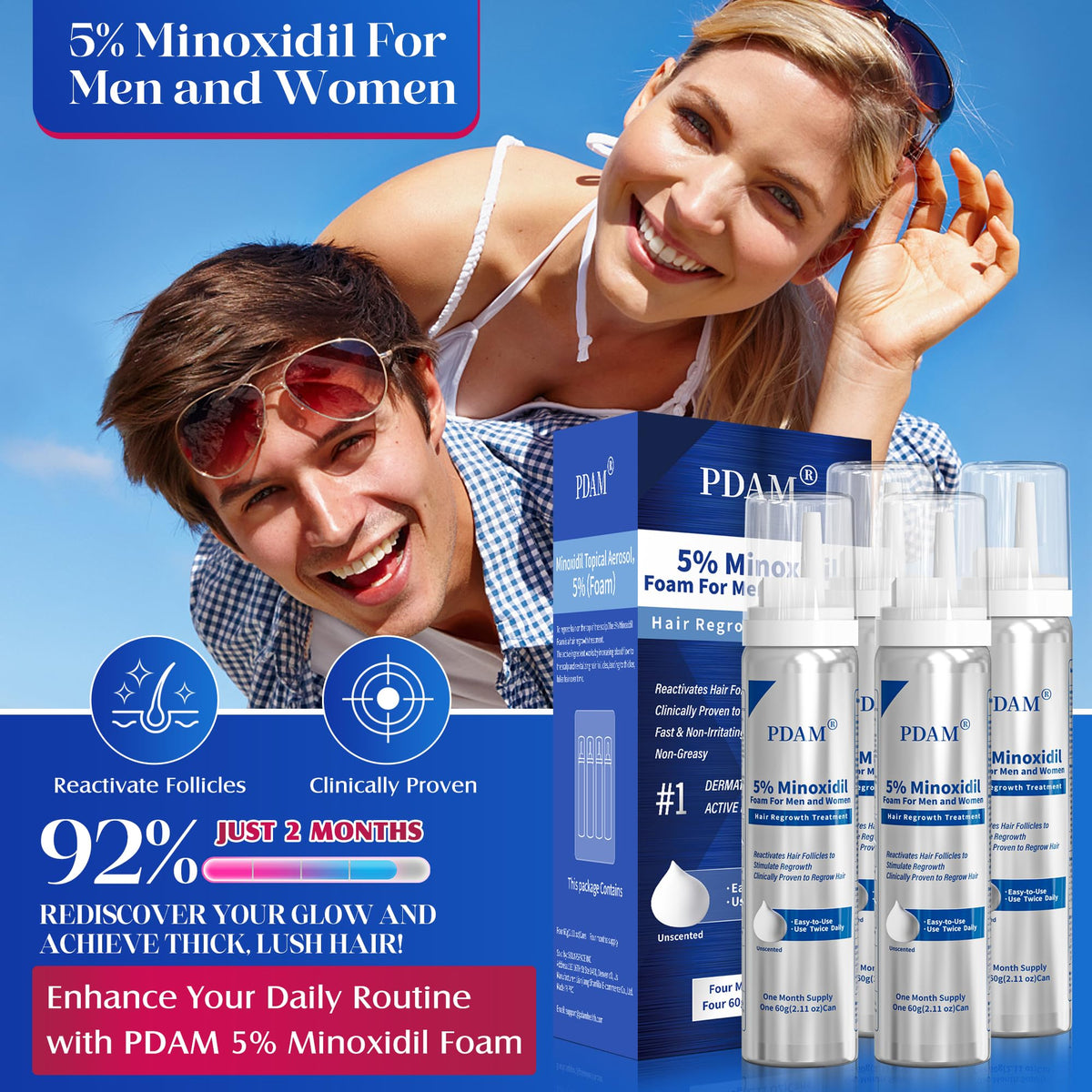 Minoxidil for Men and Women Foam Hair Growth - 5% Minoxidil Foam Hair Regrowth Treatment for Men, Topical Hair Loss Treatments, Extra Strength Thicker & Fuller Hair, 4 x 2.11 oz for 4 Months