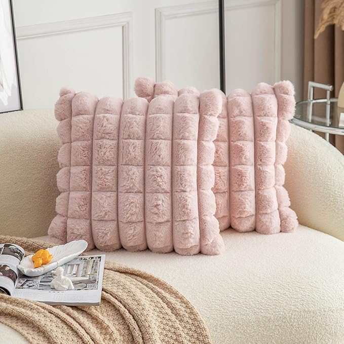 Neelvin Pink Faux Fur Cozy Soft Plaid Decorative Throw Pillow Covers 24x24 inch Set of 2,Velvet Pillowcase Cushion Case for Sofa Couch