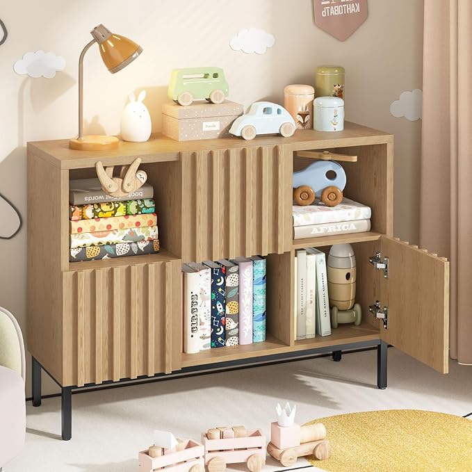 Vabches Fluted Short Bookcase, 6 Cube Storage Organizer with Doors, Modern 2-Tier Open Bookshelf for Home and Office, Wood Floor Standing Display Cabinet Rack, Natural