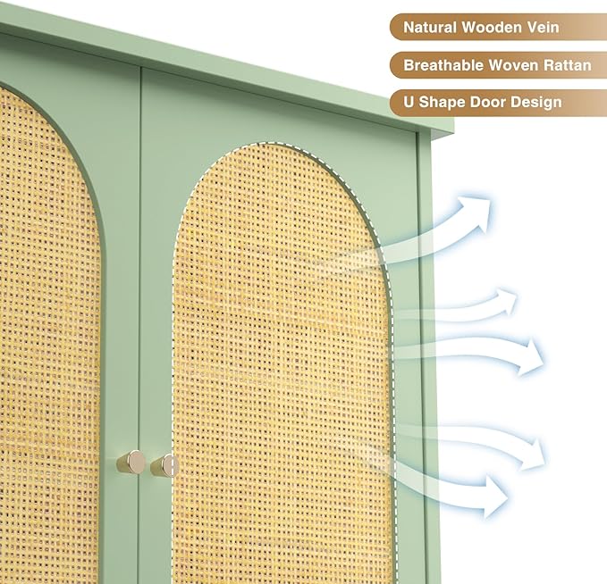 Rattan Over The Toilet Storage Cabinet, Bathroom Organizers and Storage Over Toilet with Rattan Door and Metal Stand, Tall Storage Shelves Above Toilet, Wood Rack for Restroom, Laundry, Foam Green
