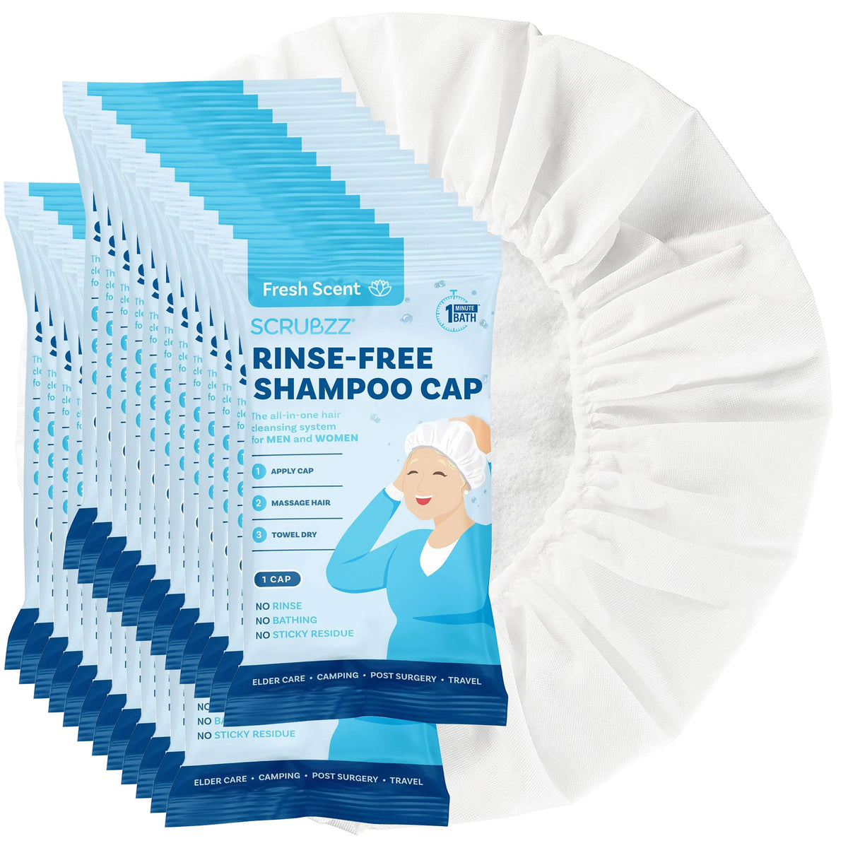 Scrubzz Shampoo Caps No Rinse for Elderly and Bedridden Patients, Rinse Free Shampoo Caps for Post Surgery and Hospital Stays, Waterless Hair Washing Shower Caps - 24 Pack