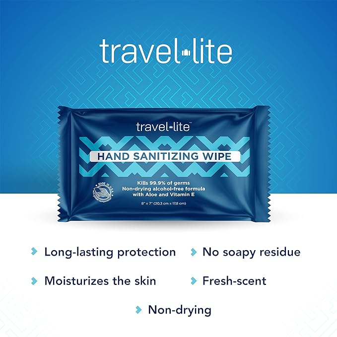 Travel Lite Alcohol-Free Hand Wipes with Aloe Vera and Vitamin E, Fresh Scent 200ct Individually Wrapped Travel Essentials Wipes for Adults and Kids