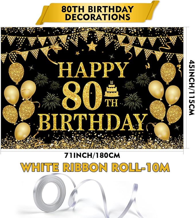 80th Birthday Decorations for Men Women - Happy 80th Birthday Banners Decorations Black Gold 80 Years Birthday Party Favor Backdrop for 80th Birthday Party Sign Decor (71 x 45 inch)