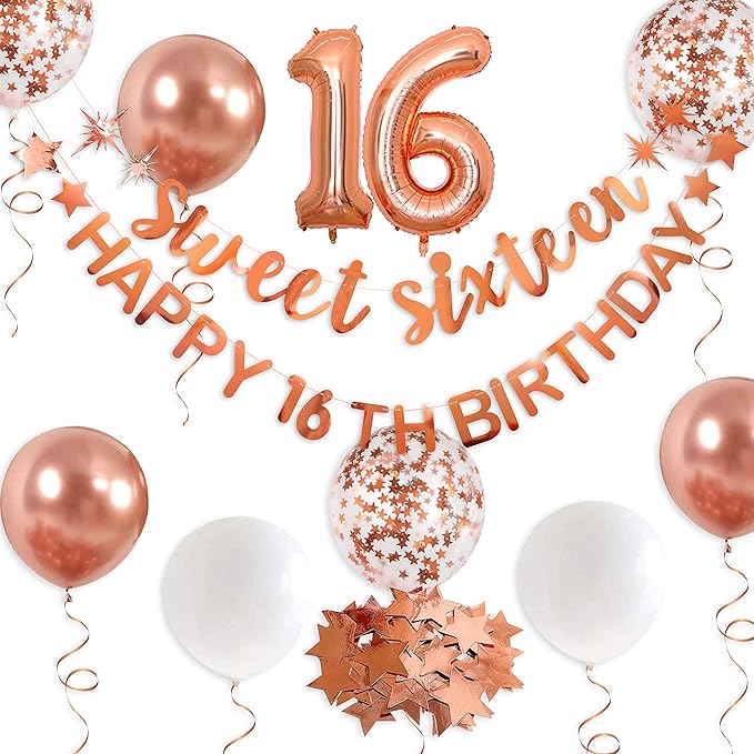 Rose Gold Sweet Sixteen Happy 16th Birthday Banner Garland Foil Balloon 16 for Sweet 16 Decorations 16th Birthday Dercorations for Girls Cheers to 16 Years 16 and Fabulous Party Backdrop Supplies