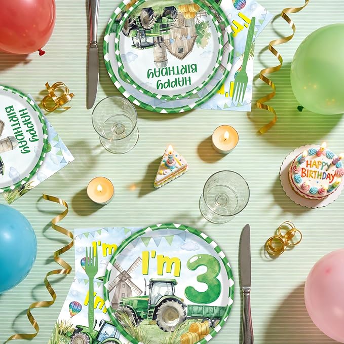 Rakuto Tractor Birthday Party Decorations, 96PCS Tractor 3rd Birthday Disposable Paper Plates and Napkins Decorations, Farmer Themed 3 Years Old Tractor Decor Supplies Serve 24