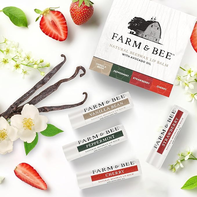 Natural Lip Balm – Variety Pack - Organic & Natural Ingredients - Beeswax Based Lip Care Chapstick - Great Gift - Farm & Bee - 0.15oz (Pack of 4 - Vanilla Bean/Peppermint/Strawberry/Cherry)