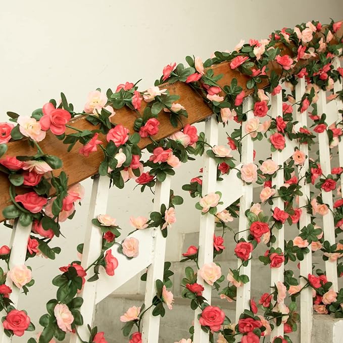 MARTINE MALL Flower Garland Vines, 5 Strands 41Ft With 33 Ft/100 LED String Lights - Rose Decoration for Bedroom, Room, Table, Wedding Decor