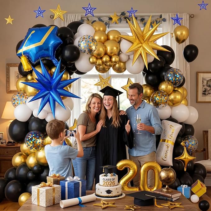 Blue and Gold Graduation Balloon Arch Kit 2026 Graduation Decorations, Gold Number 2026 Balloons with Explosion Star Diploma Grad Cap Foil Balloon for College High School Class of 2026 Graduate Party