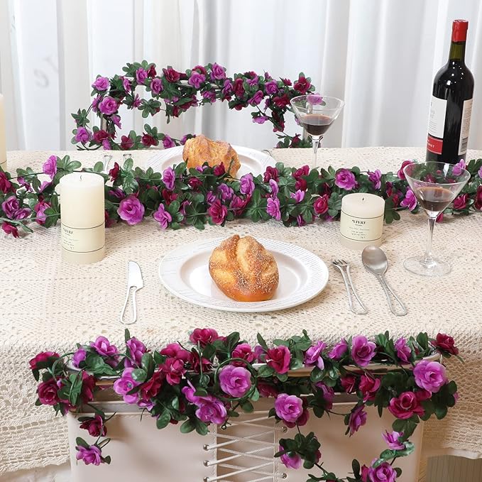 MARTINE MALL Flower Garland Rose Vines, 5 Strands 41Ft Flowers Vines for Bedroom with 33 Ft/100 LED String Lights, Rose Flower Garland Decoration, Rose Floral Garland for Room Table Wedding Decor