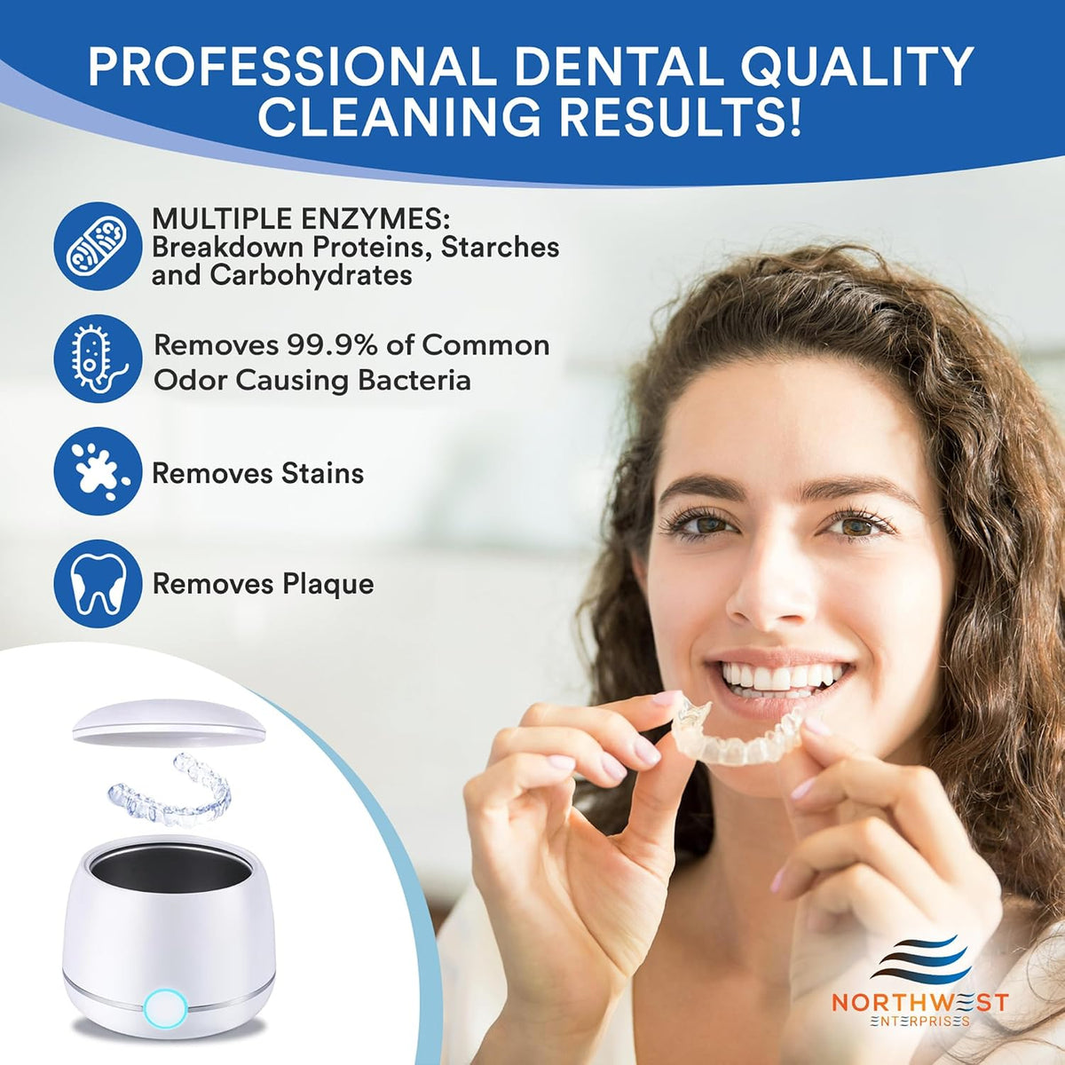 Northwest Enterprises Ultrasonic Retainer Cleaner Solution – Multi-Enzymatic, Odor & Stain Removal, For Invisalign, Nightguards & Mouthguards, Made in Canada, 8oz,16oz,32oz