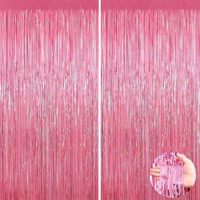 2 Pack Glitter Pink Backdrop, Pink Party Streamers Birthday Party Decorations, Laser Pink Fringe Curtains Foil Streamer Tinsel, Pink Curtains Photo Backdrop Happy Birthday Backdrop
