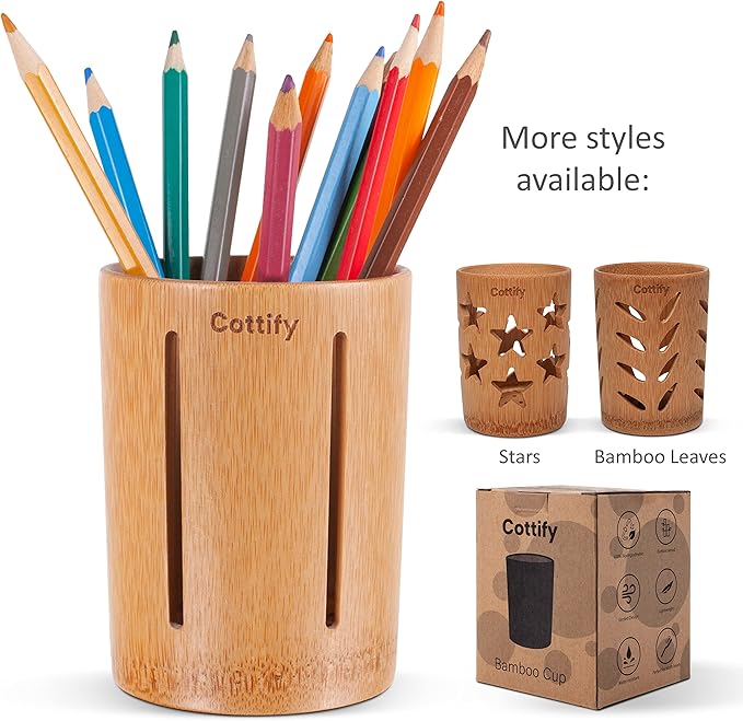 Cottify Bamboo Toothbrush Holder with Drainage, Quick Drying Bathroom Cup Holder, Toothpaste Holder, Wood Toothbrush Drainer, Stripes Glossy