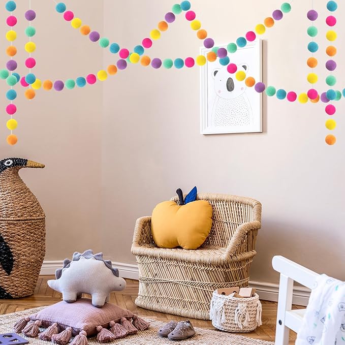 Boao 2 Pieces Wool Felt Ball Garland Colorful Pom Pom Garland Handmade 6.5 Feet Long 24 Balls Felt Banner for Wall Christmas Tree Decoration (Multiple Colors)