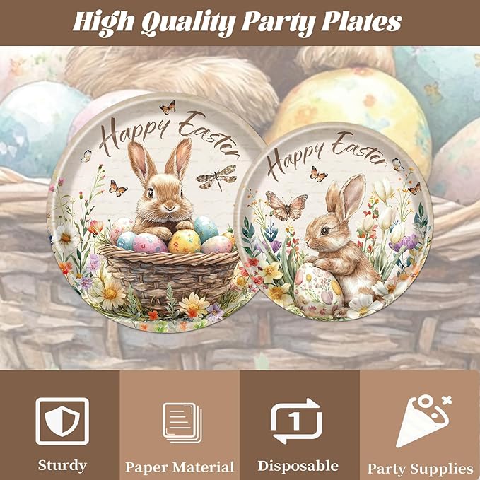 Rakuto Easter Plates and Napkins Disposable Decorations, 96PCS Happy Easter Bunny Eggs Paper Plates Napkins Forks Party Decoration, Rabbit Flower Themed Decor for Spring Celebrations Picnic Serve 24