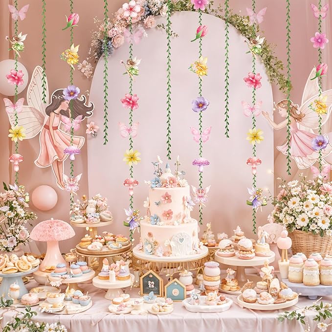 Fairy Birthday Party Garlands, Ready to Hang Fairy First Birthday Decorations with Double Sided Flowers Butterflies and Green Vines for Fairy Baby Shower, Girls Birthday and Garden Party